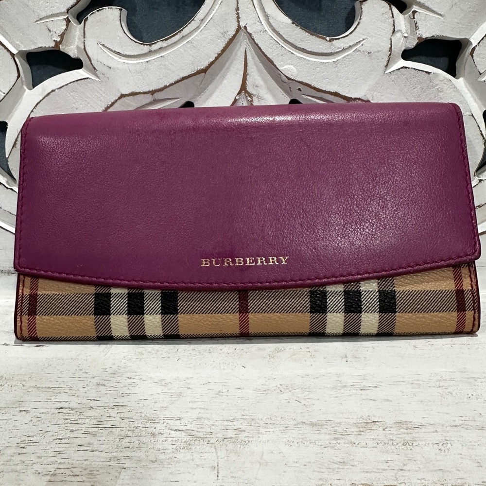 Burberry Nova Check Magenta Leather Trim Long Wallet w dust bag.